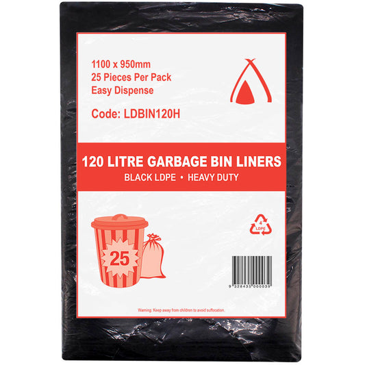 120L Heavy Duty LDPE Black Bin Liners 100/CTN
